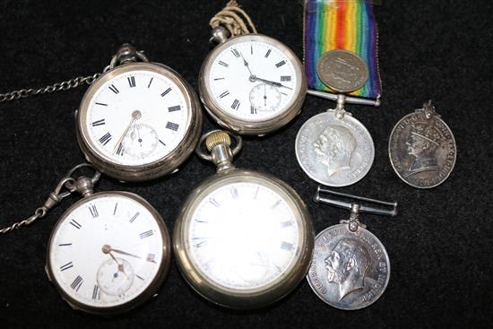 4 pocket watches & medals